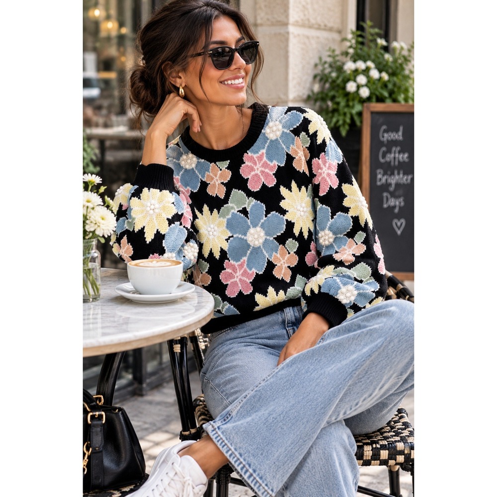 Storia Floral Knit Sweater XL Black Pastel Blue Pink Yellow Bobble Crewneck NWT